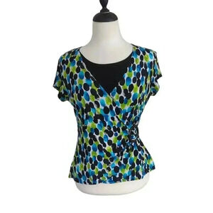 Notations Faux Wrap Bold Dot Print Blouse Blue Green Size MP